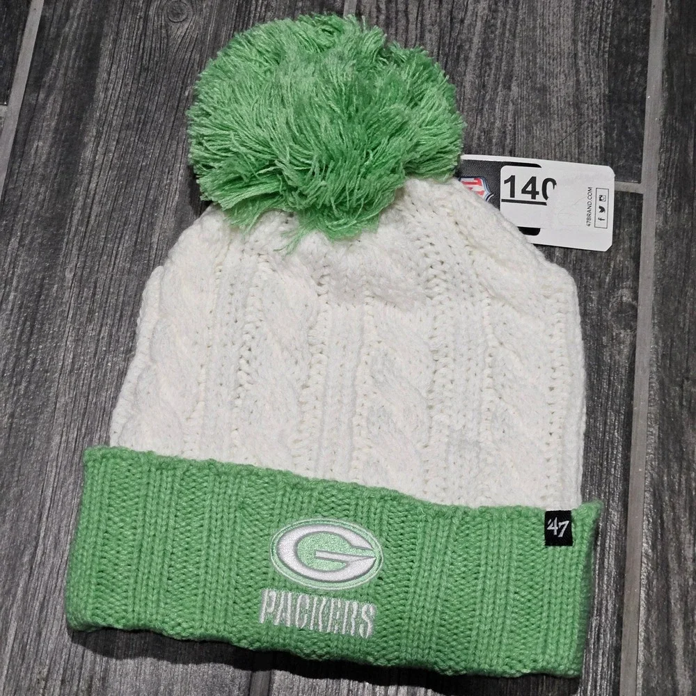 Green Bay Packers Women's 47 Brand‎ White Green Cable Knit Pom Beanie Hat